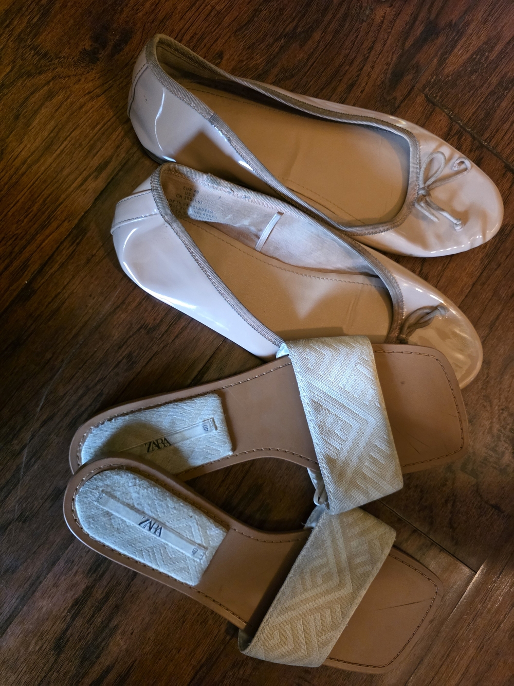 Zara Nude Patent Ballet Flats and Tan Slide Sandals Set